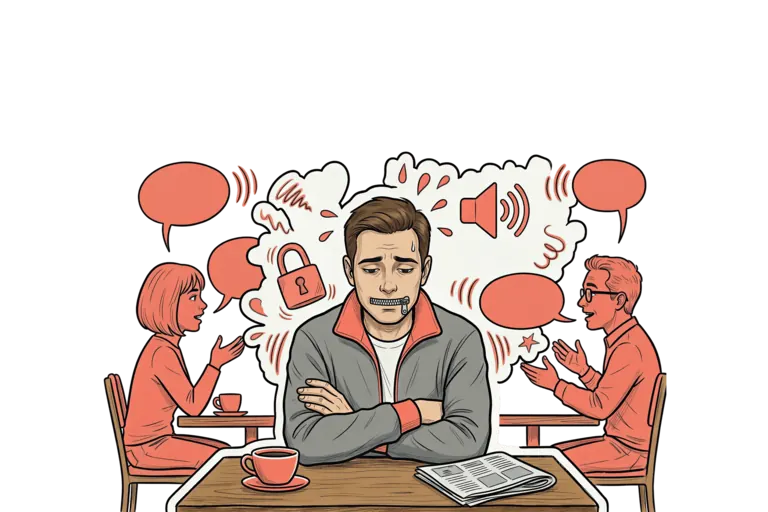 A stressed young man with a zipper over his mouth sitting between two people having a conversation, surrounded by speech bubbles and a padlock, illustrated in a comic style with red accents.