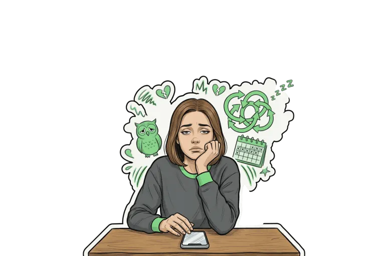 A frustrated young woman resting her chin on her hand, surrounded by a thought cloud with a Duolingo owl, broken hearts, a calendar and recycling arrows, illustrated in a comic style with green accents.