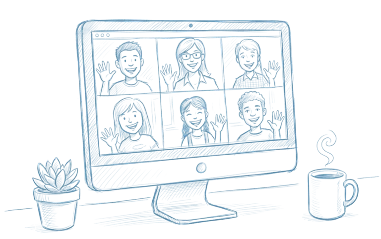 A desktop computer showing six people waving in a video call, with a small plant and a cup of coffee on the desk, illustrated in a soft blue sketch style.