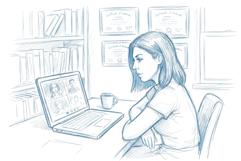 A female teacher sitting at a desk with a laptop showing an online group lesson, diplomas on the wall behind her and a cup of coffee nearby, illustrated in a blue pencil sketch style on grid paper.