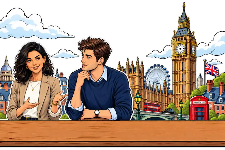 An English teacher and a student practicing conversation in London, illustrated in a flat editorial style.