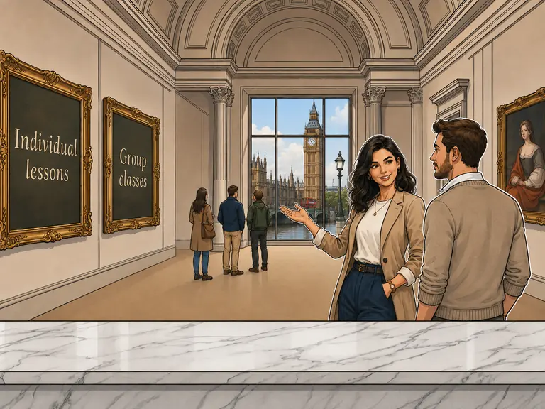 An English teacher showing individual lessons and group classes in a London gallery, illustrated in an editorial style.