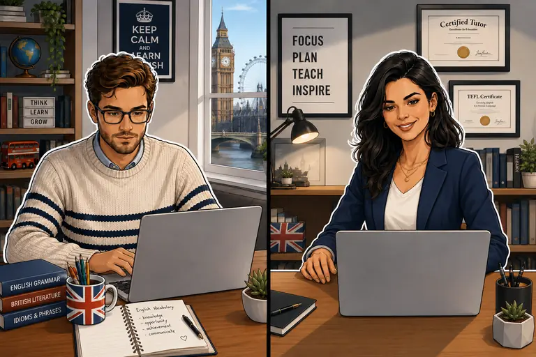 An English teacher and a student practicing English online from their desks, illustrated in an editorial style.
