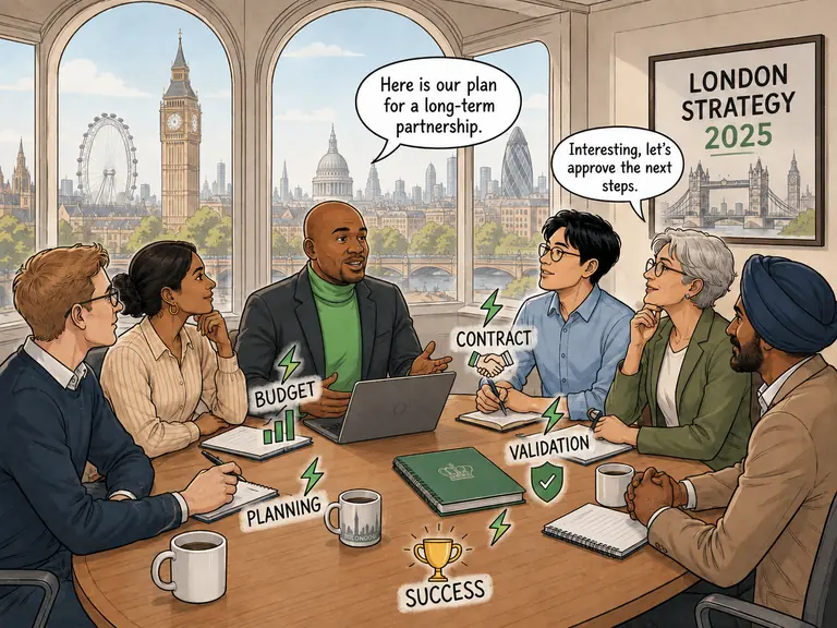 A diverse group of professionals having a business English meeting in a London office, illustrated in an editorial style.
