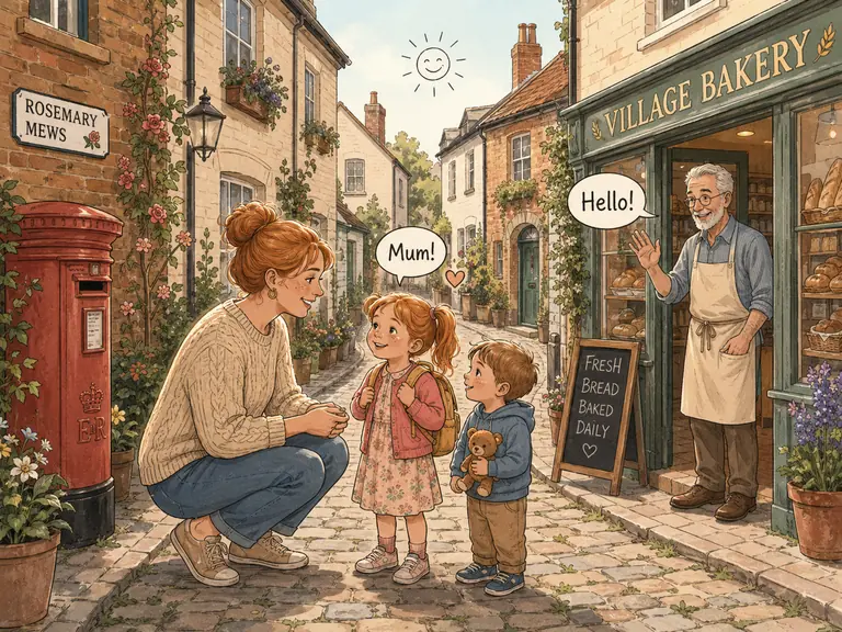 A mother crouching down to talk to her two young children on a sunny cobblestone English village street, with a friendly baker waving Hello from a bakery doorway, illustrated in a warm editorial style with red and coral tones.